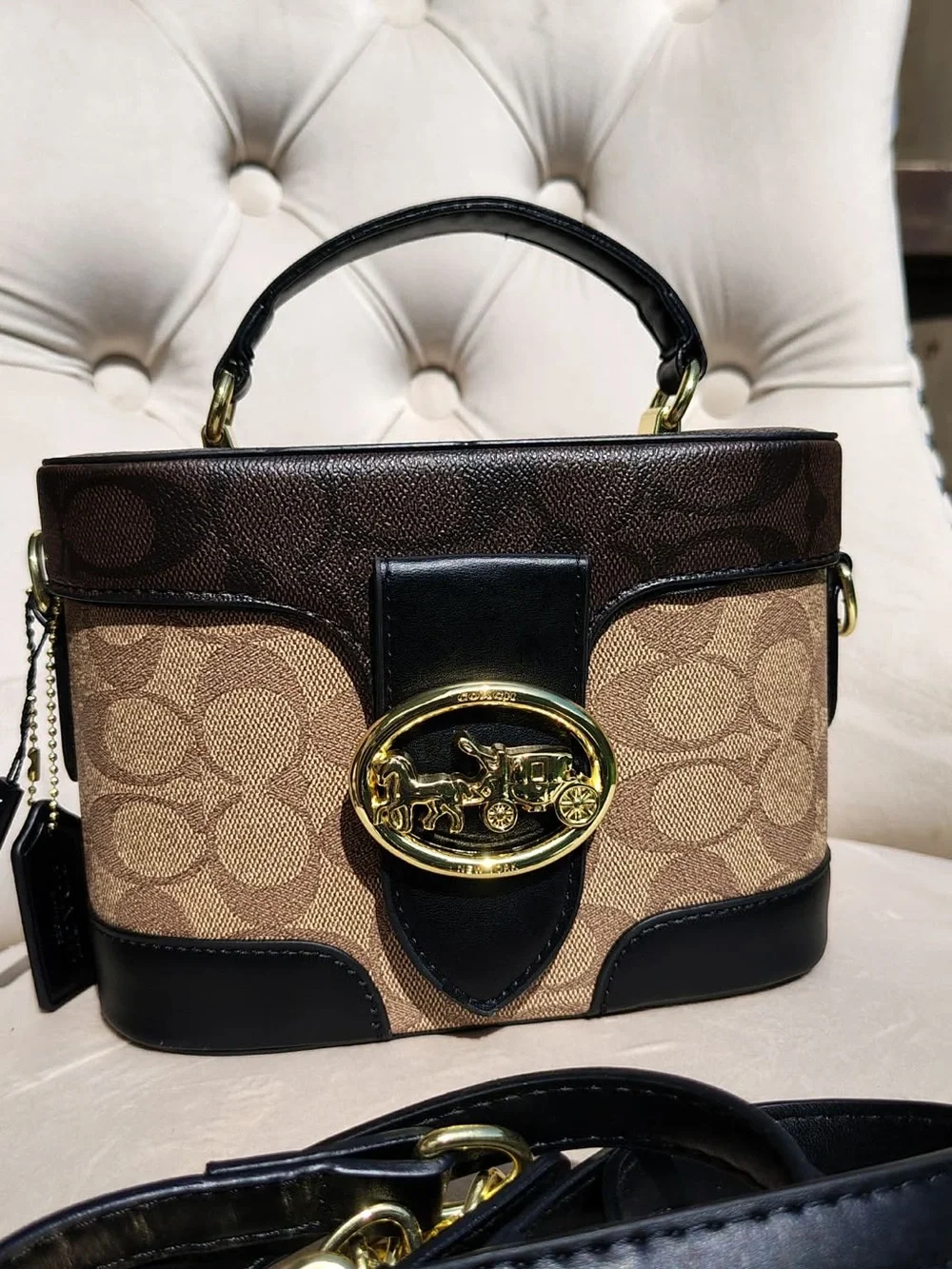Coach Brown/Tan Canvas and Black Leather Top Handle Satchel with Gold Hardware